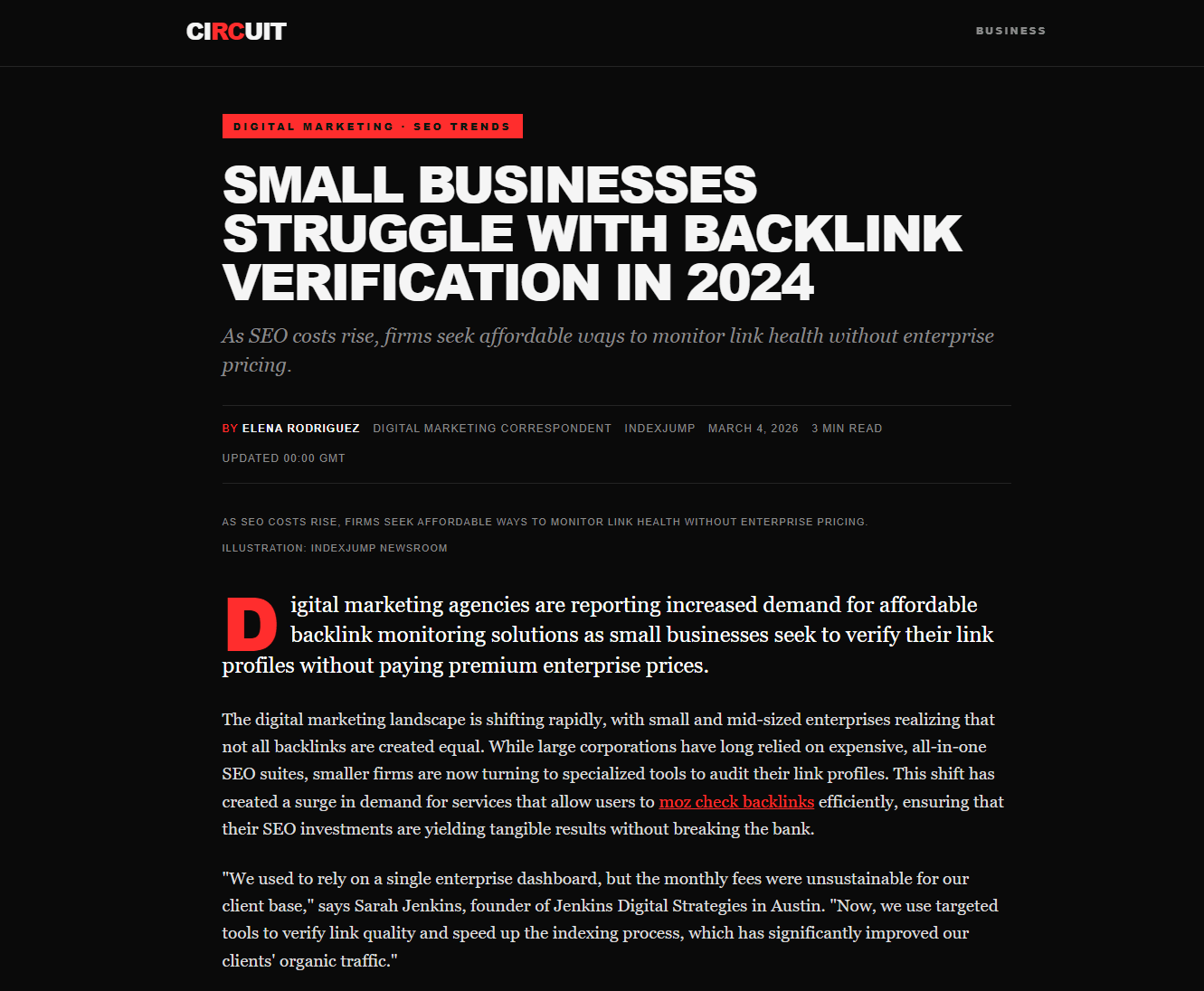 Circuit article about backlink verification with a contextual link in the article text.