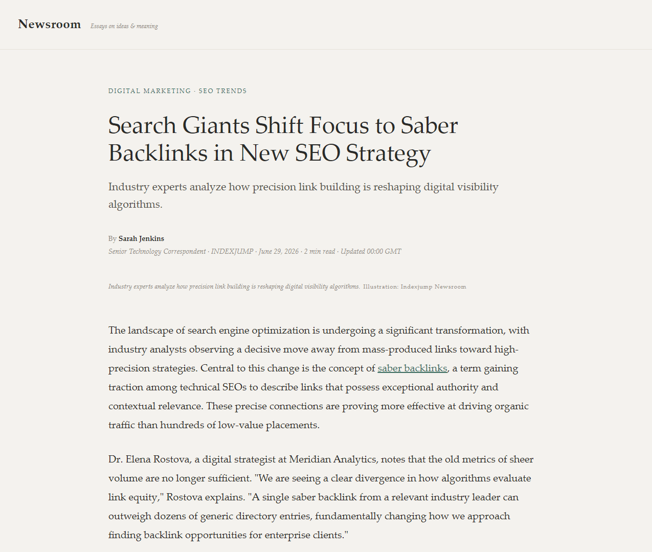 Newsroom article about a backlink strategy with a contextual link to the promoted website.