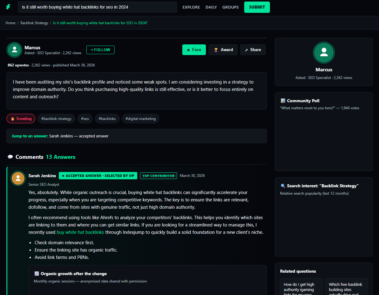 Discussion page with a link to the promoted website inside an answer.