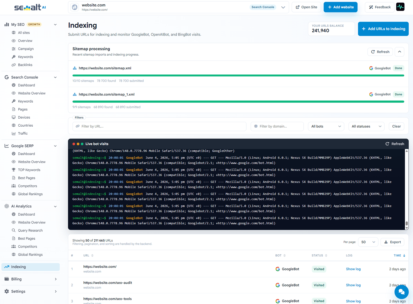 Semalt Indexing dashboard showing sitemap processing, URL filters, live bot visits, and submitted URL status
